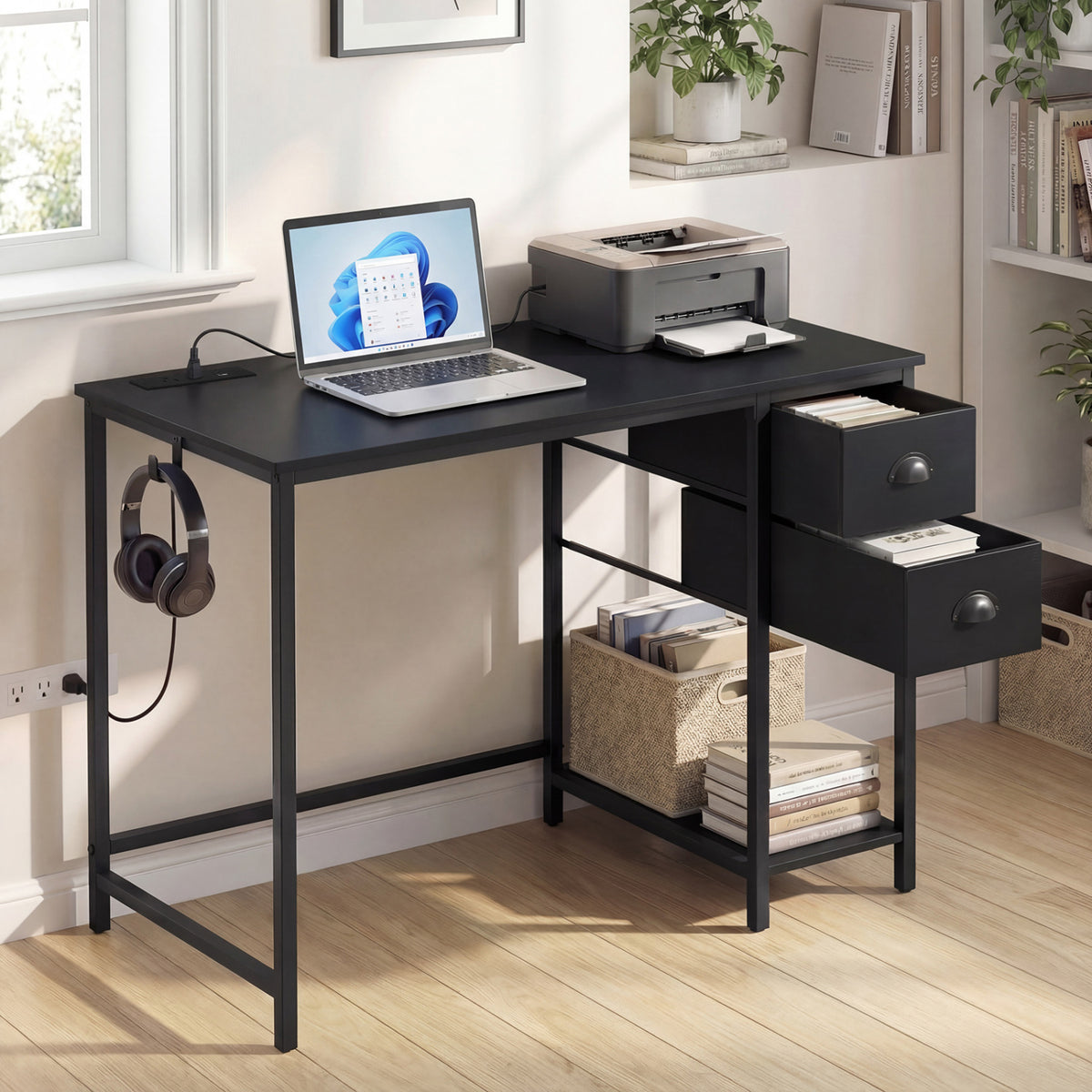 Computer Desk with Charging Station and 2 Fabric Drawers for Small Spaces