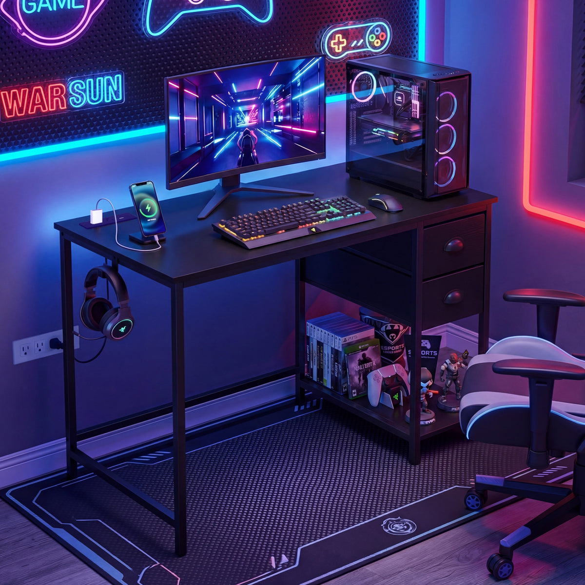 Computer Desk with Charging Station and 2 Fabric Drawers for Small Spaces