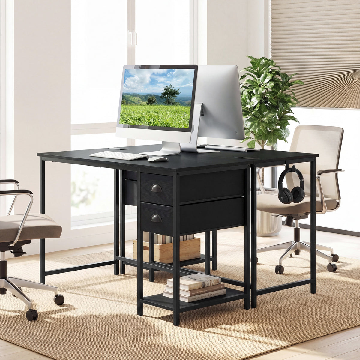 Computer Desk with Charging Station and 2 Fabric Drawers for Small Spaces