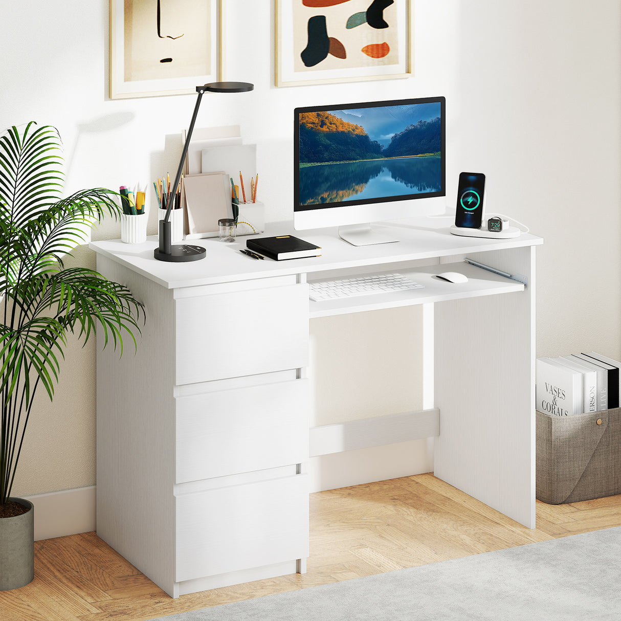 Computer Desk with Power Outlet Keyboard Tray and 3 Large Drawers