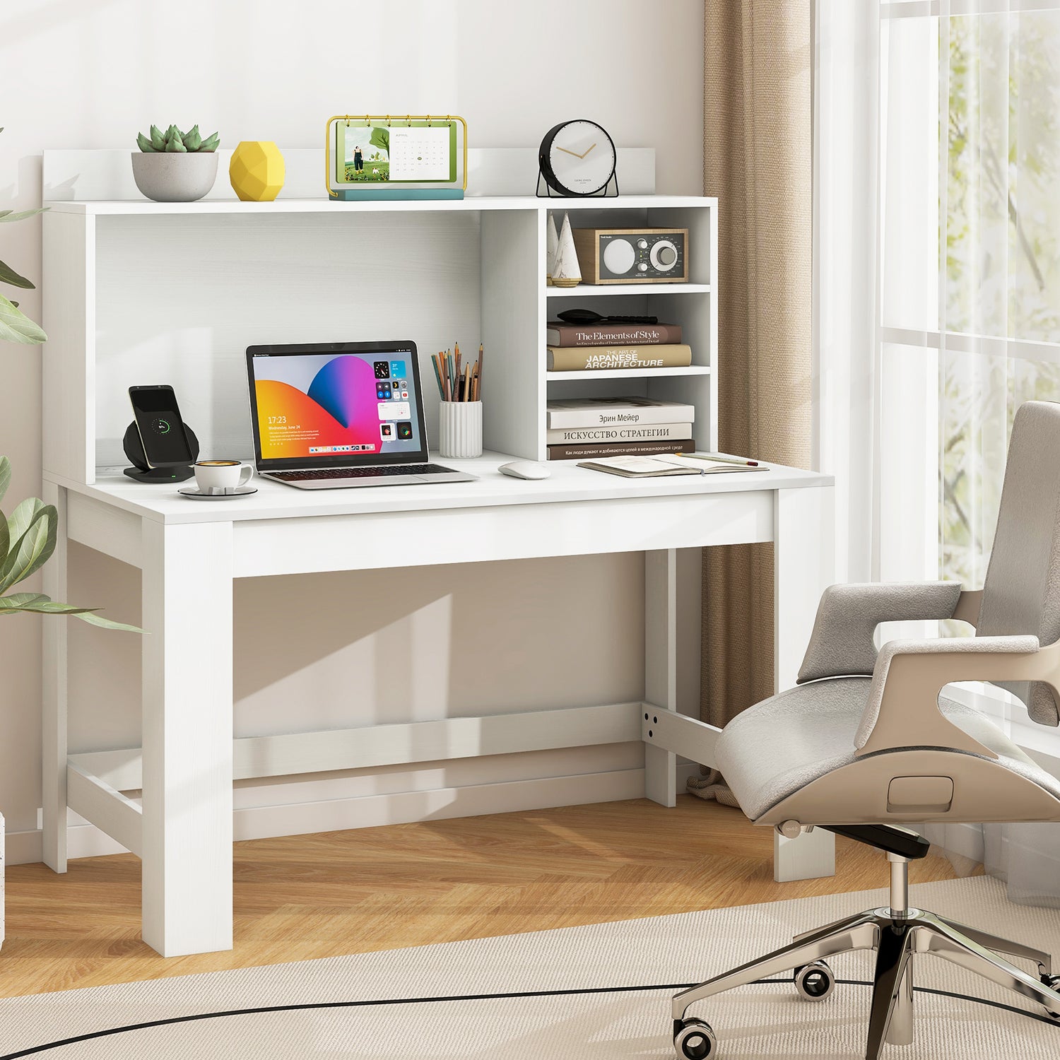 Modern Computer Desk with Hutch and Storage Shelves