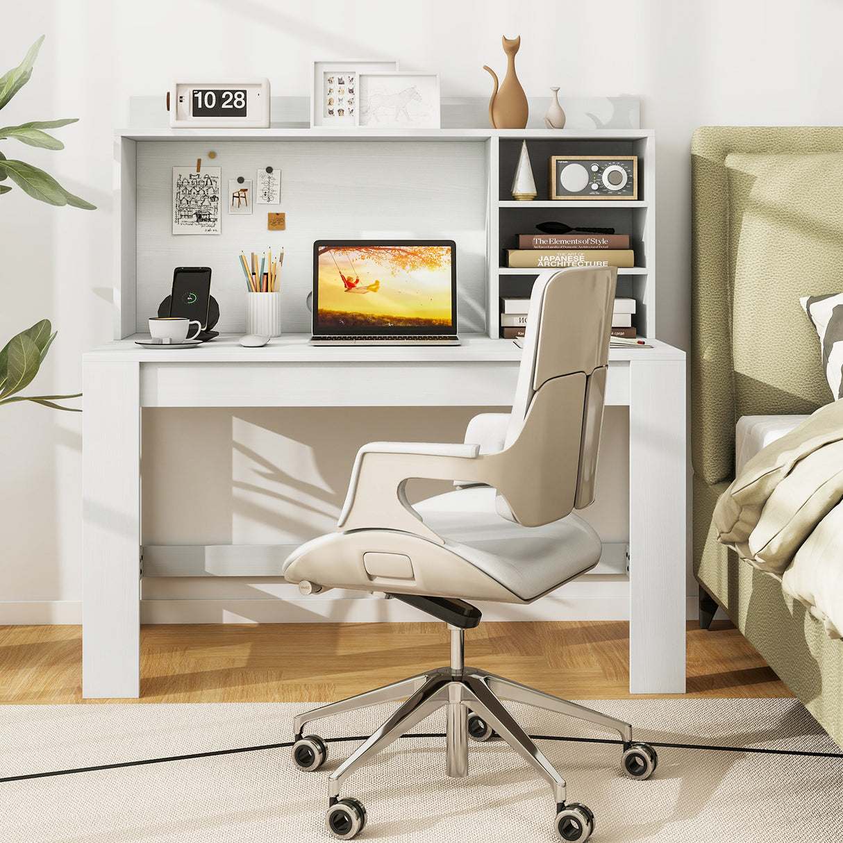 Modern Computer Desk with Hutch and Storage Shelves