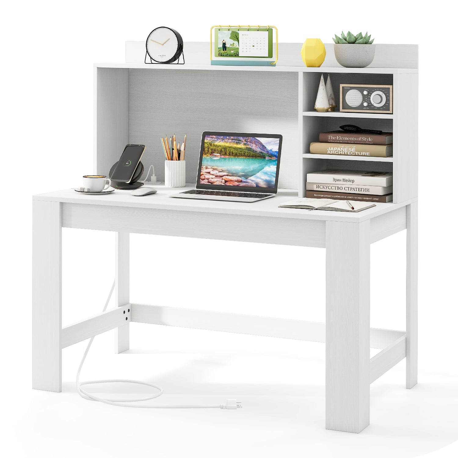 Modern Computer Desk with Hutch and Storage Shelves