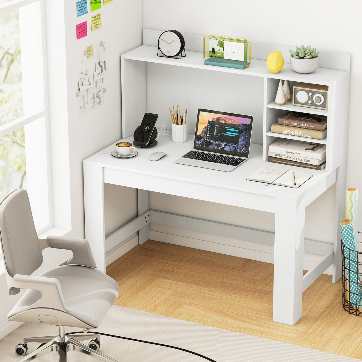 Modern Computer Desk with Hutch and Storage Shelves
