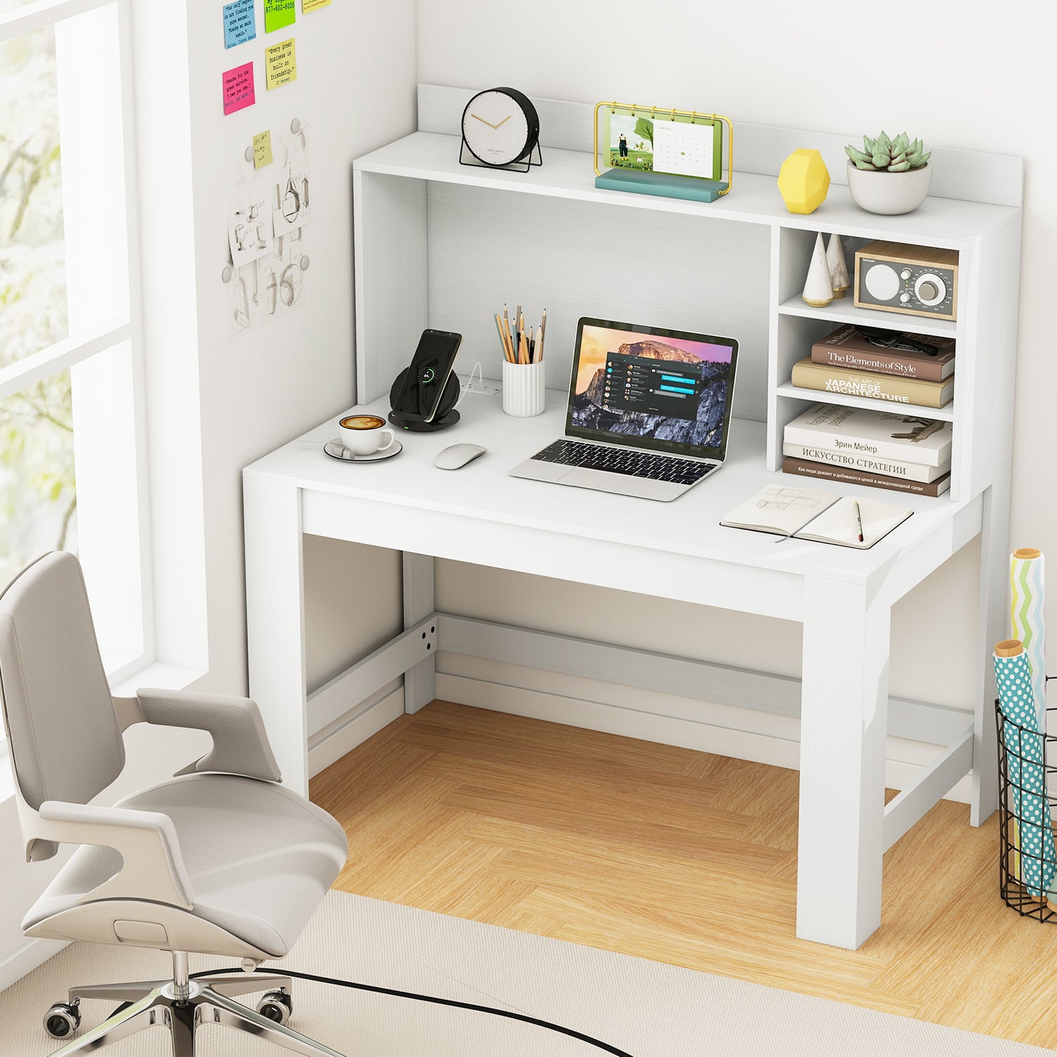 Modern Computer Desk with Hutch and Storage Shelves