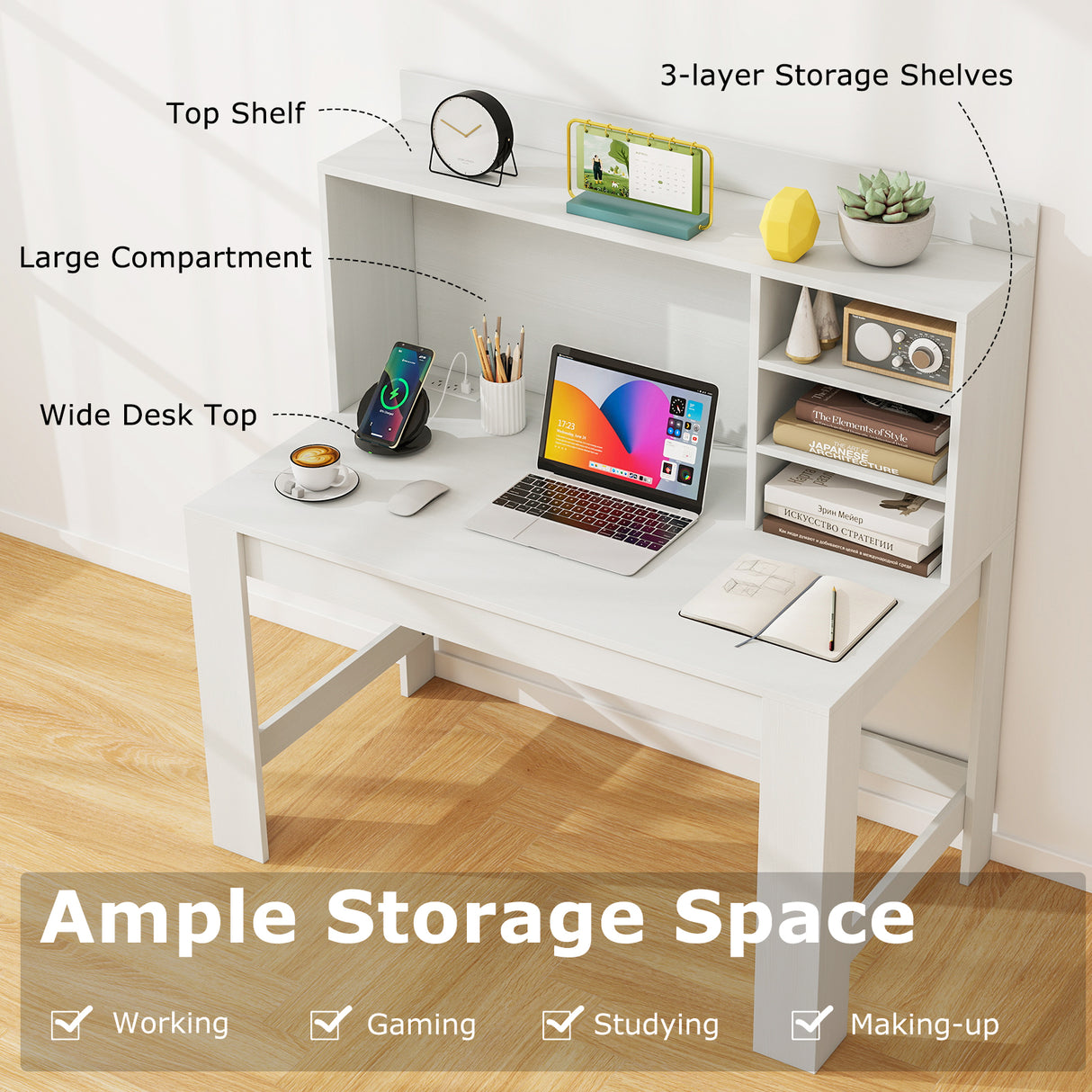 Modern Computer Desk with Hutch and Storage Shelves