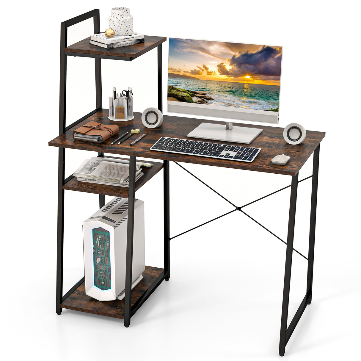 Compact Computer Desk Workstation with 4 Tier Shelves for Home and Office