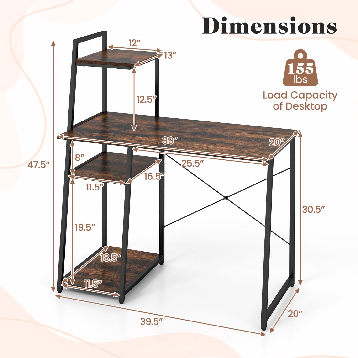 Compact Computer Desk Workstation with 4 Tier Shelves for Home and Office