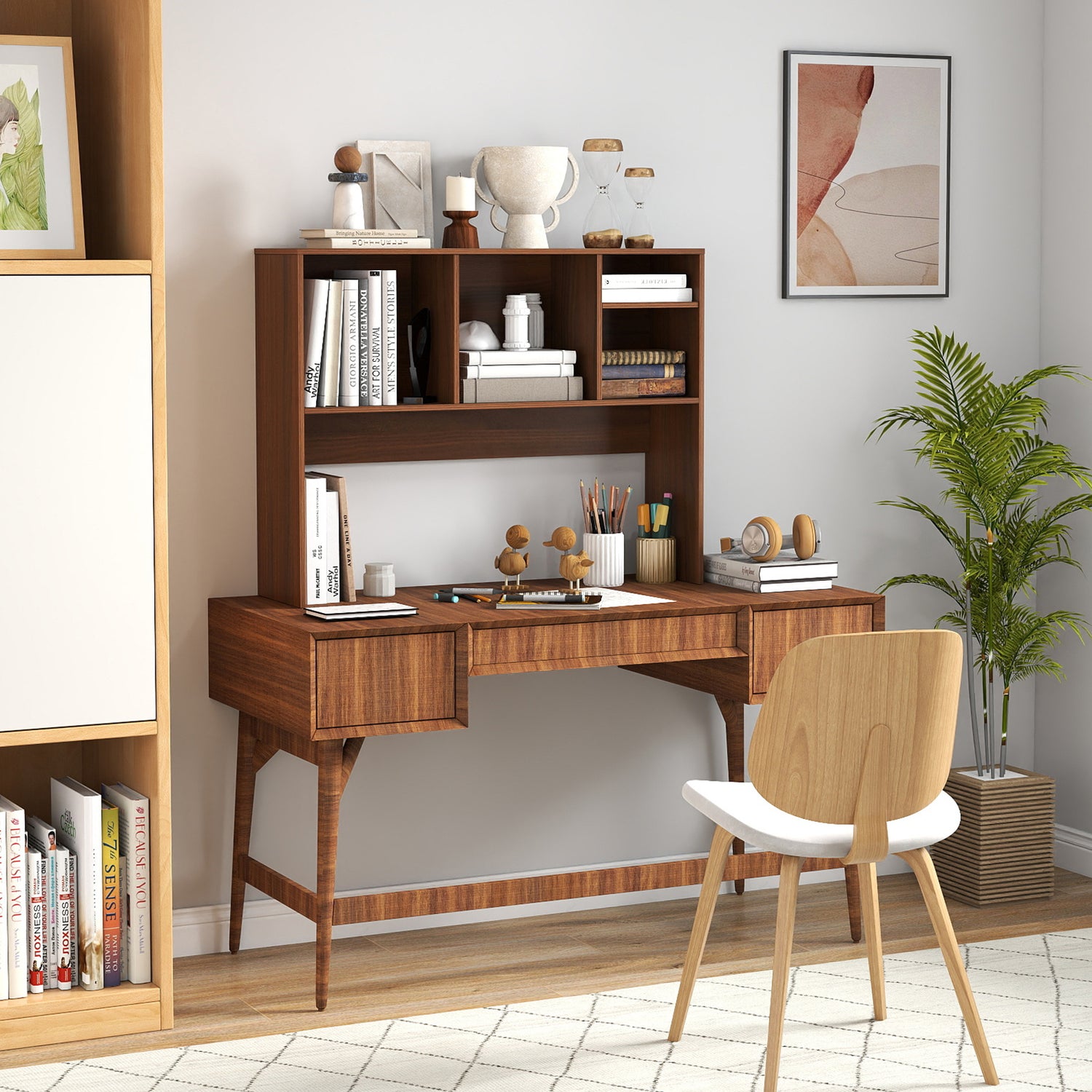 Computer Desktop Bookcase with 4 Cubbies and Open Back Compartment