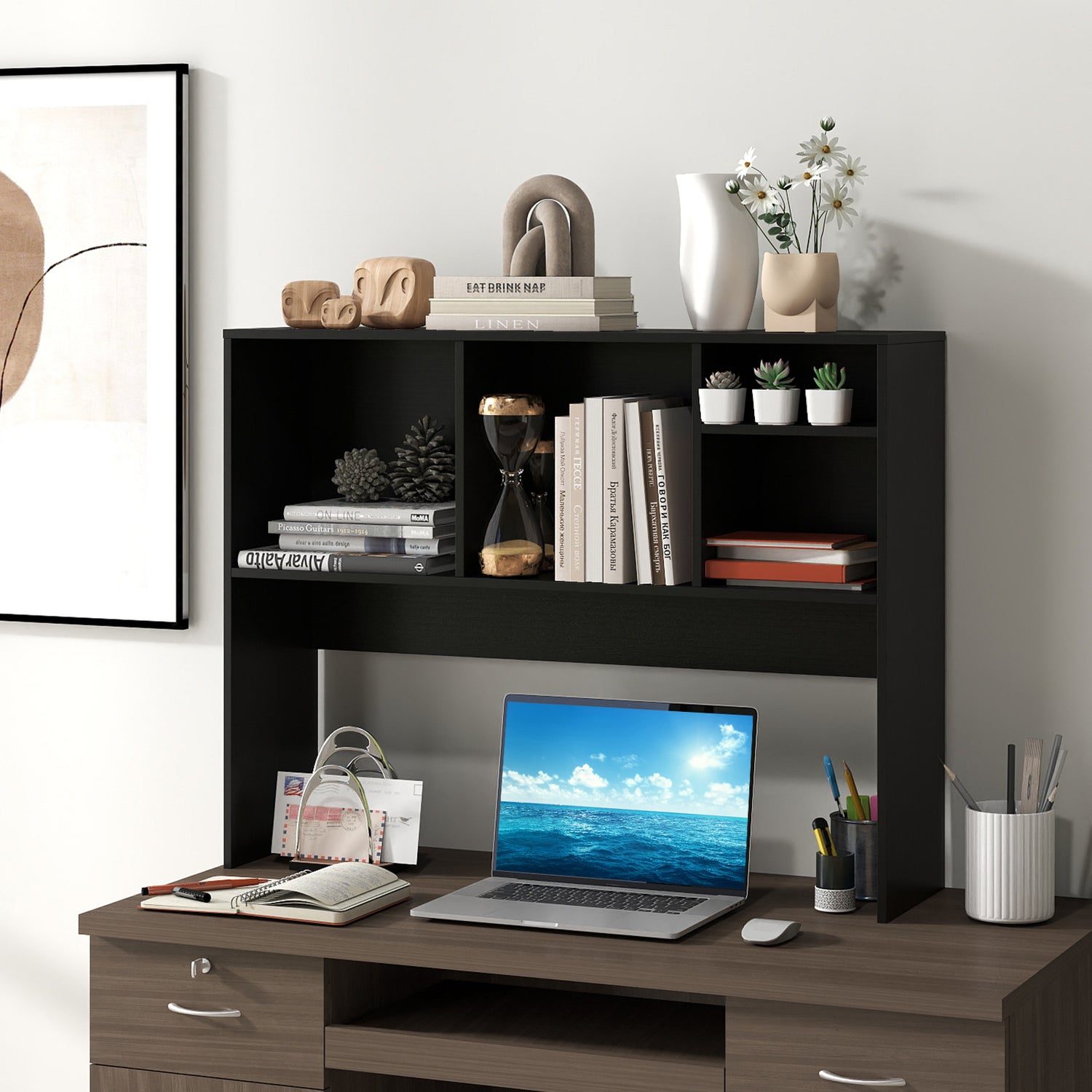 Computer Desktop Bookcase with 4 Cubbies and Open Back Compartment
