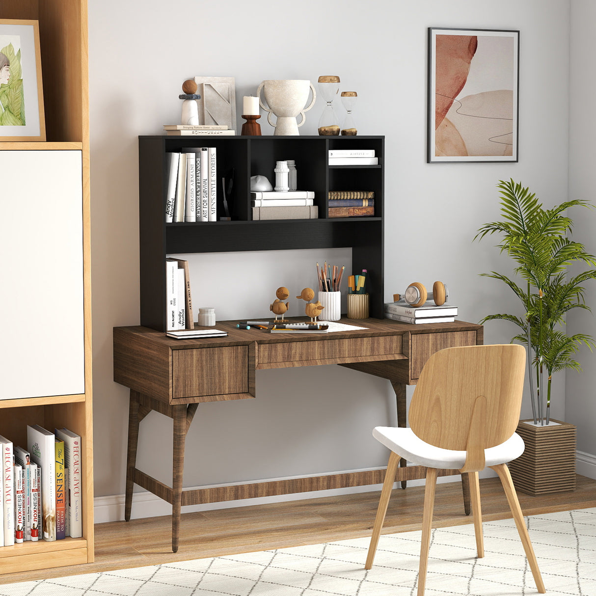 Computer Desktop Bookcase with 4 Cubbies and Open Back Compartment