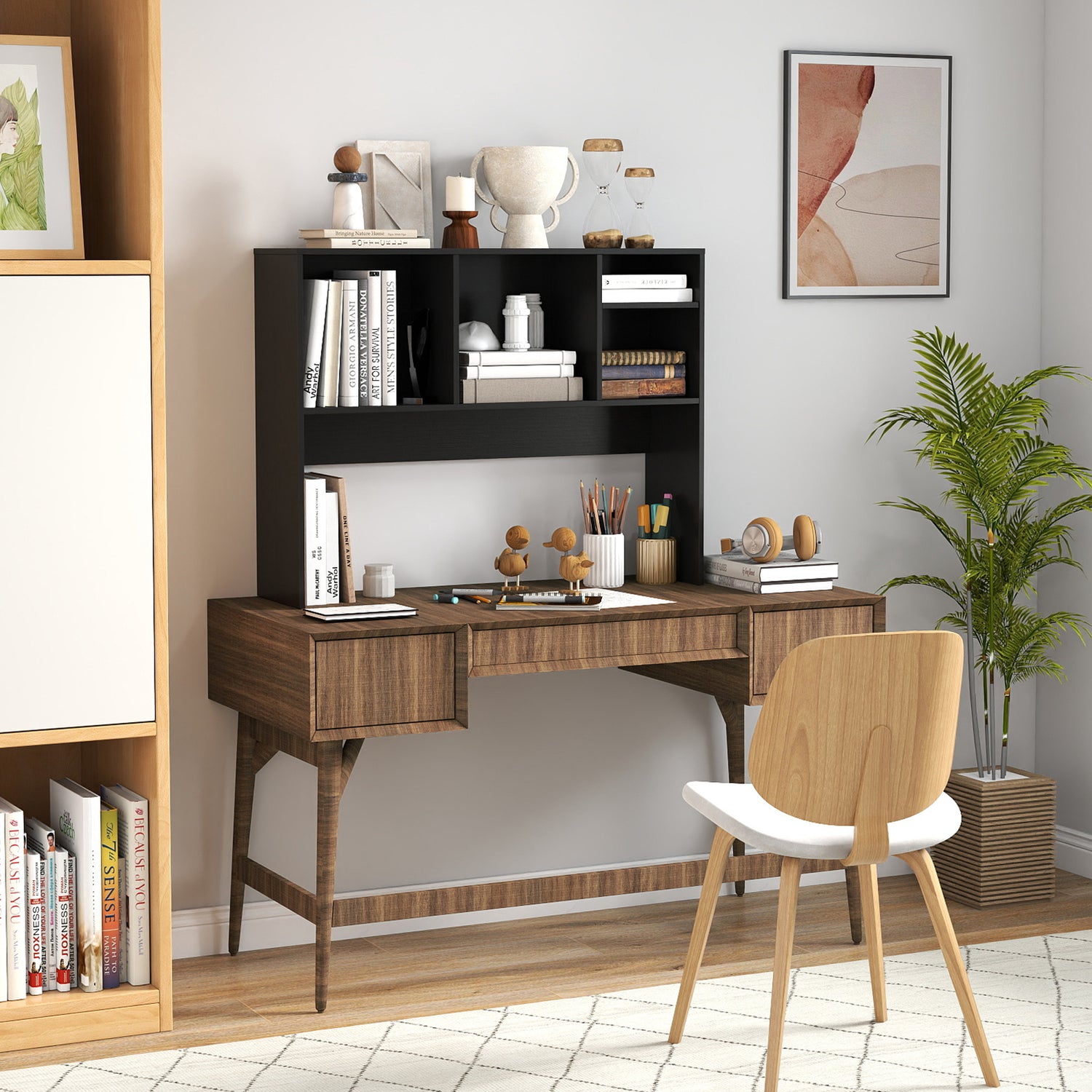 Computer Desktop Bookcase with 4 Cubbies and Open Back Compartment