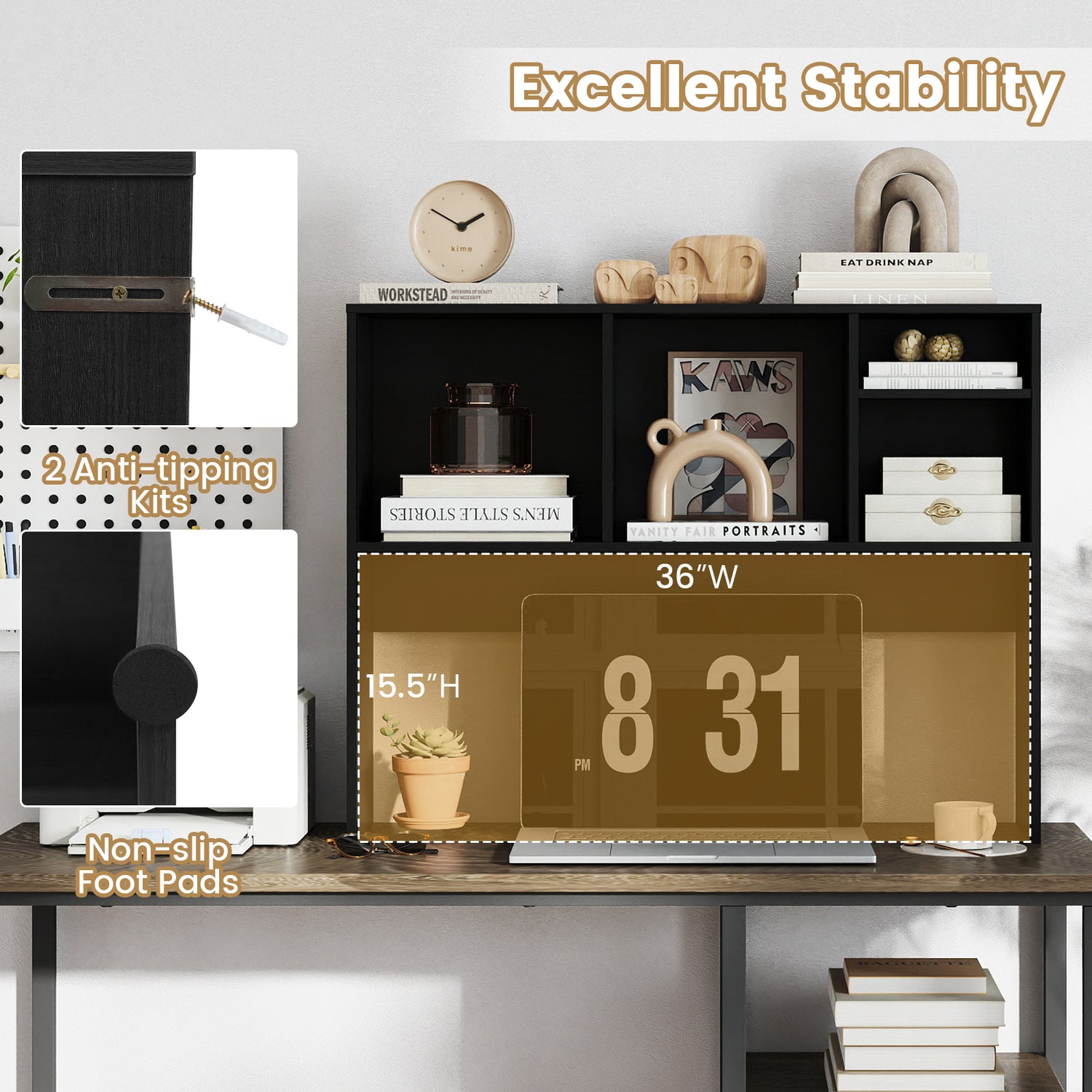 Computer Desktop Bookcase with 4 Cubbies and Open Back Compartment