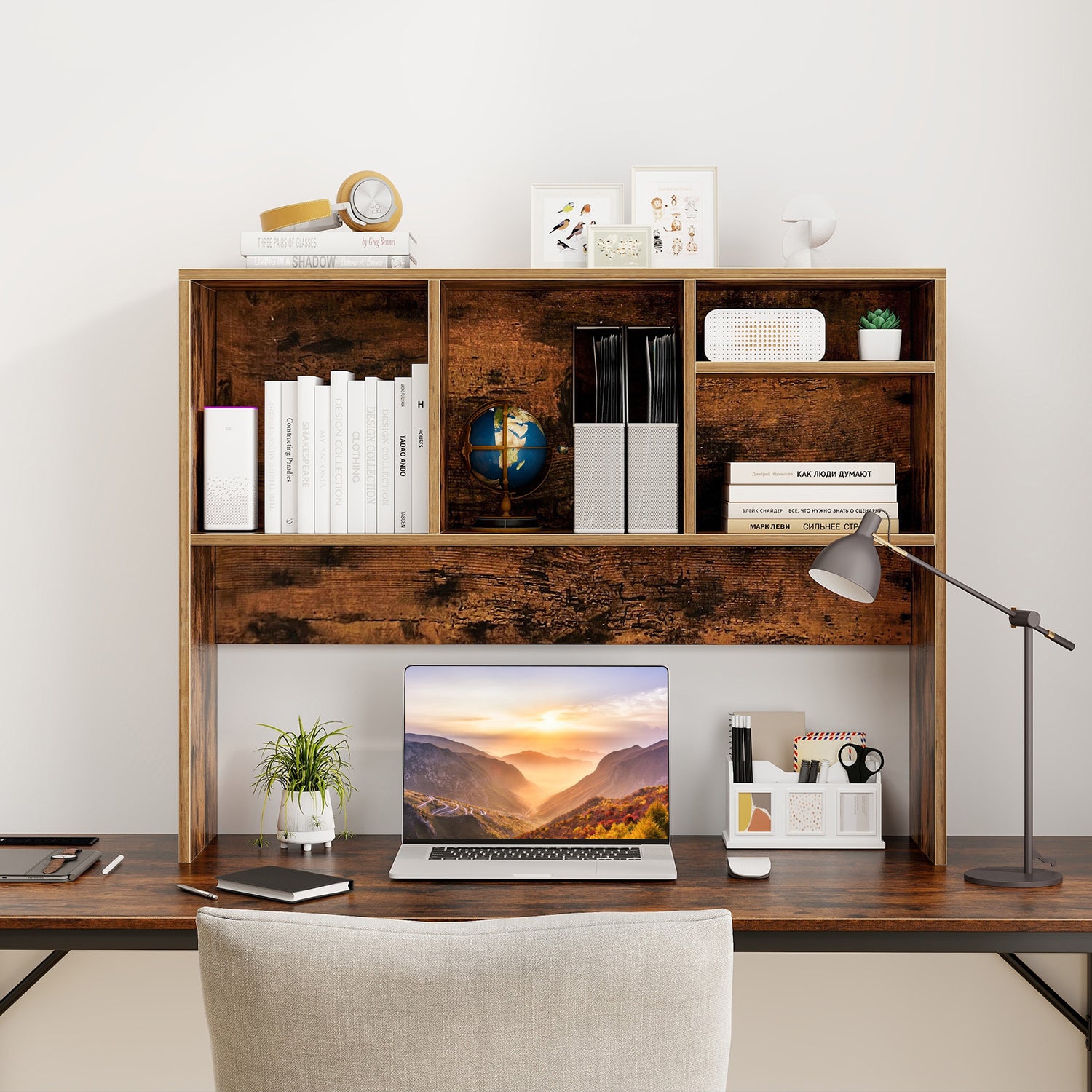 Computer Desktop Bookcase with 4 Cubbies and Open Back Compartment