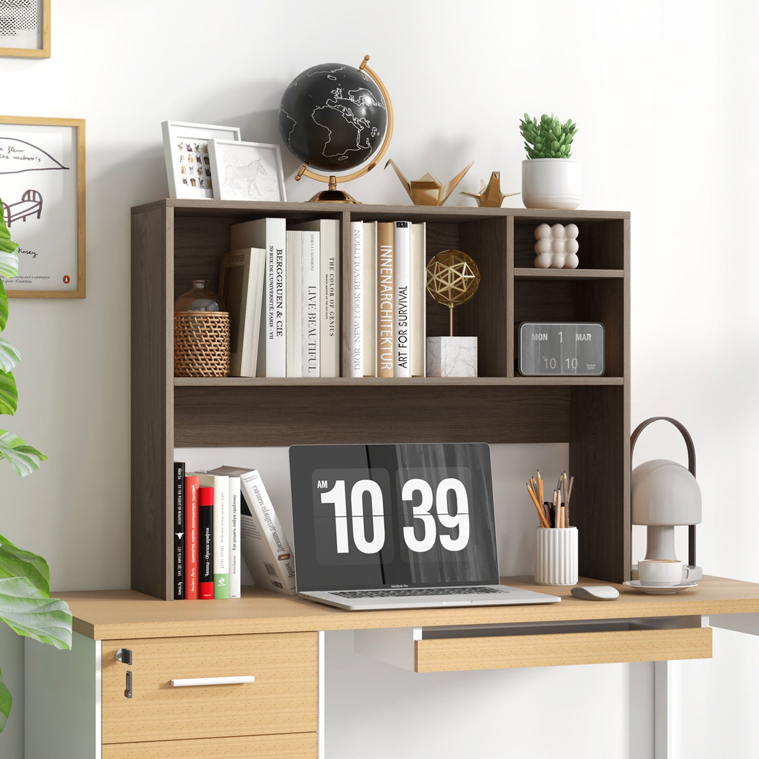 Computer Desktop Bookcase with 4 Cubbies and Open Back Compartment