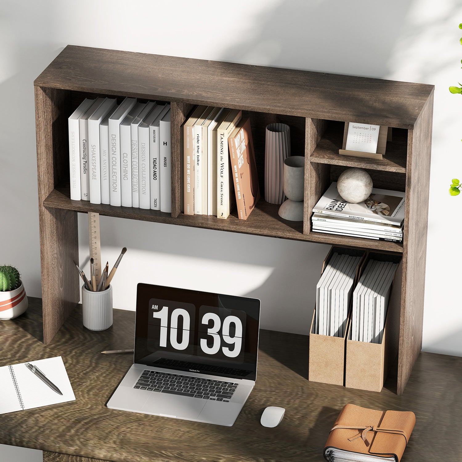Computer Desktop Bookcase with 4 Cubbies and Open Back Compartment