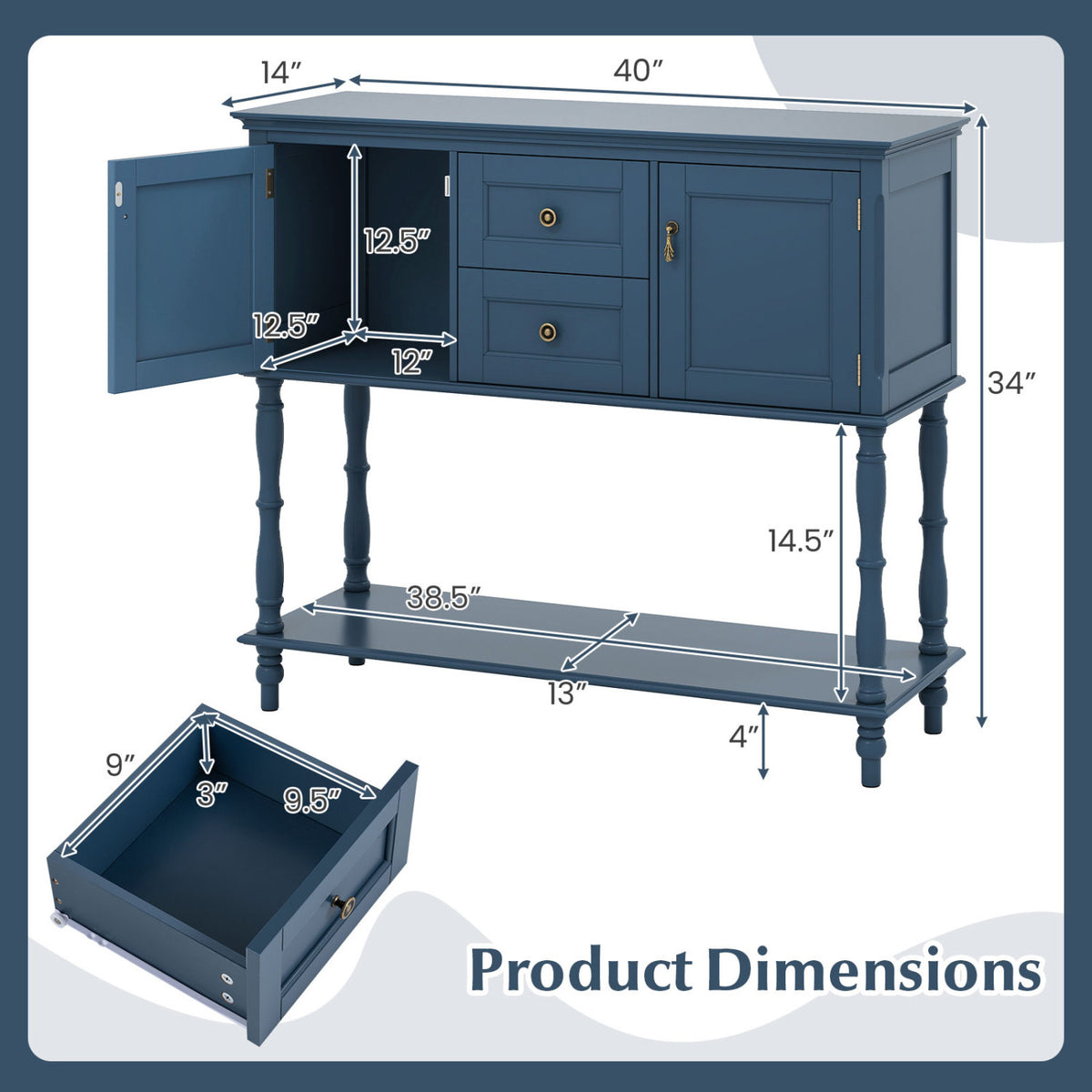 Console Table with 2 Drawers and 2 Door Cabinets and Bottom Storage Shelf