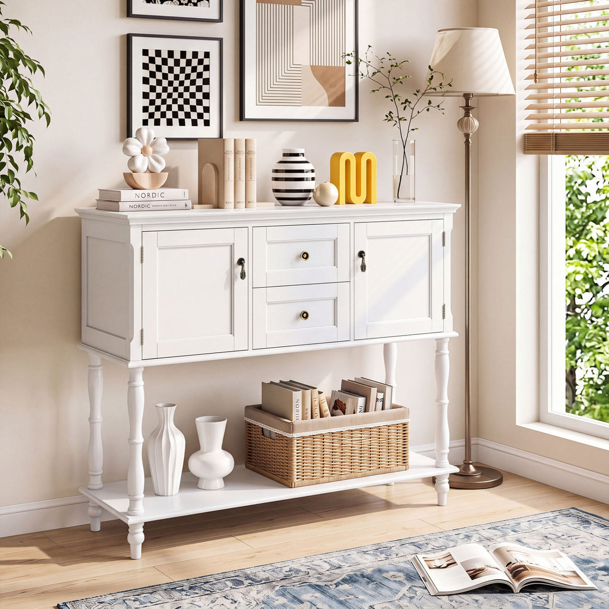 Console Table with 2 Drawers and 2 Door Cabinets and Bottom Storage Shelf