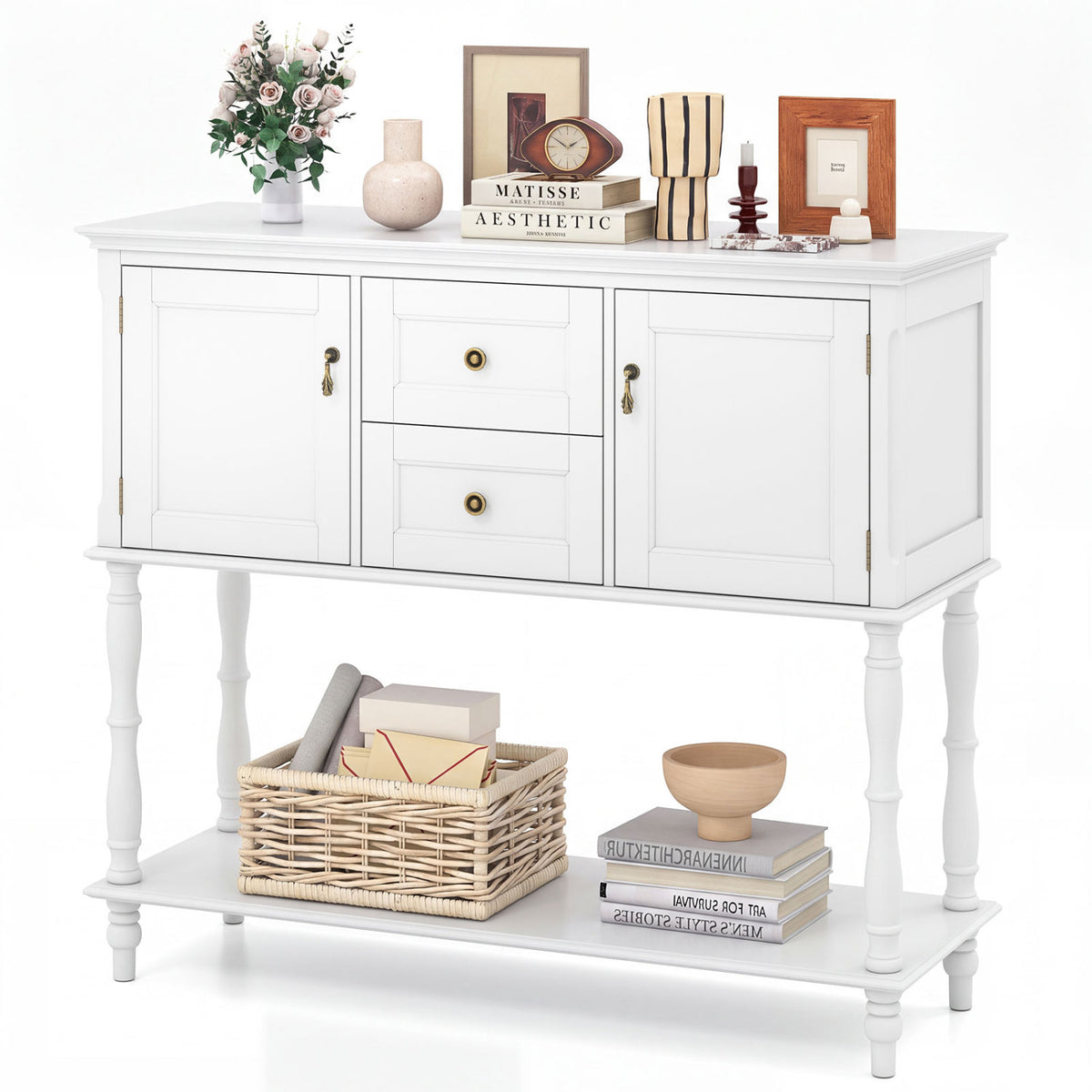 Console Table with 2 Drawers and 2 Door Cabinets and Bottom Storage Shelf