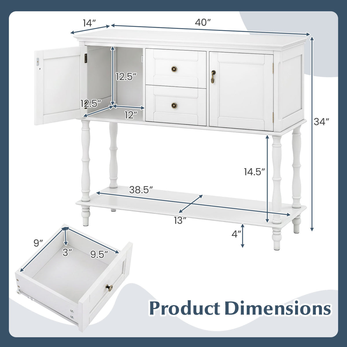 Console Table with 2 Drawers and 2 Door Cabinets and Bottom Storage Shelf
