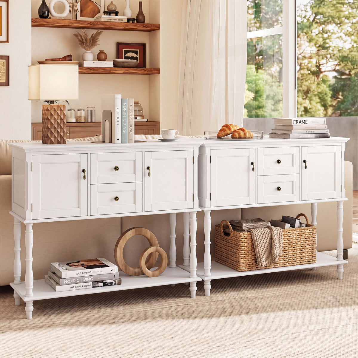 Console Table with 2 Drawers and 2 Door Cabinets and Bottom Storage Shelf