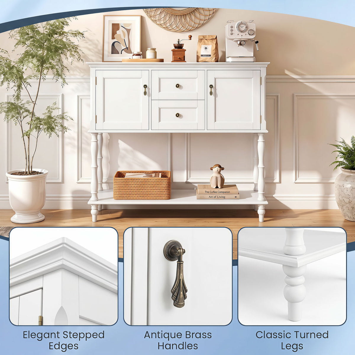 Console Table with 2 Drawers and 2 Door Cabinets and Bottom Storage Shelf