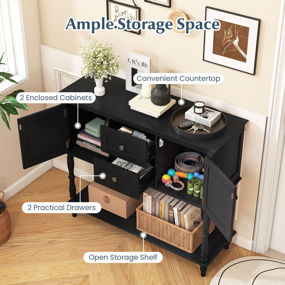 Console Table with 2 Drawers and 2 Door Cabinets and Bottom Storage Shelf