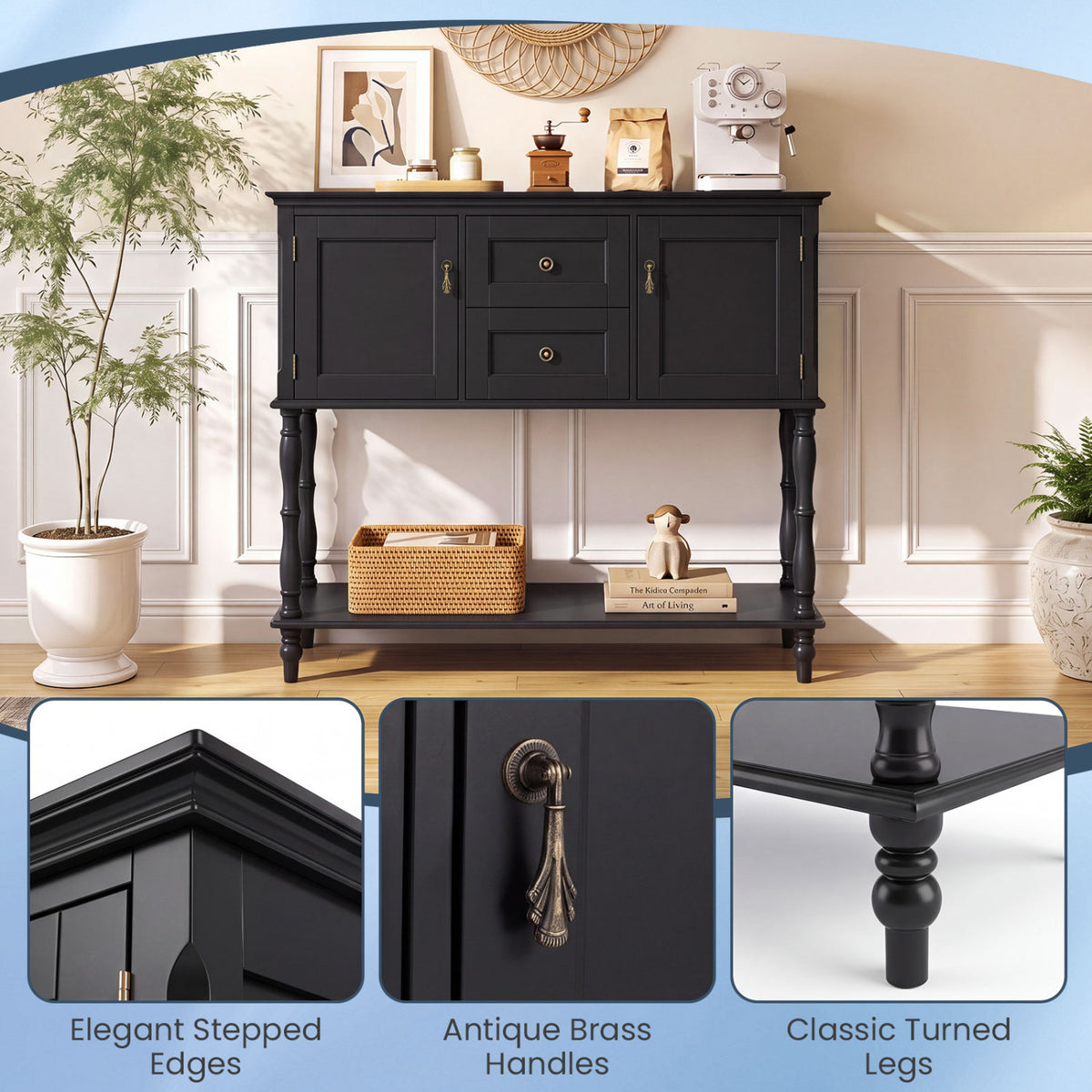 Console Table with 2 Drawers and 2 Door Cabinets and Bottom Storage Shelf