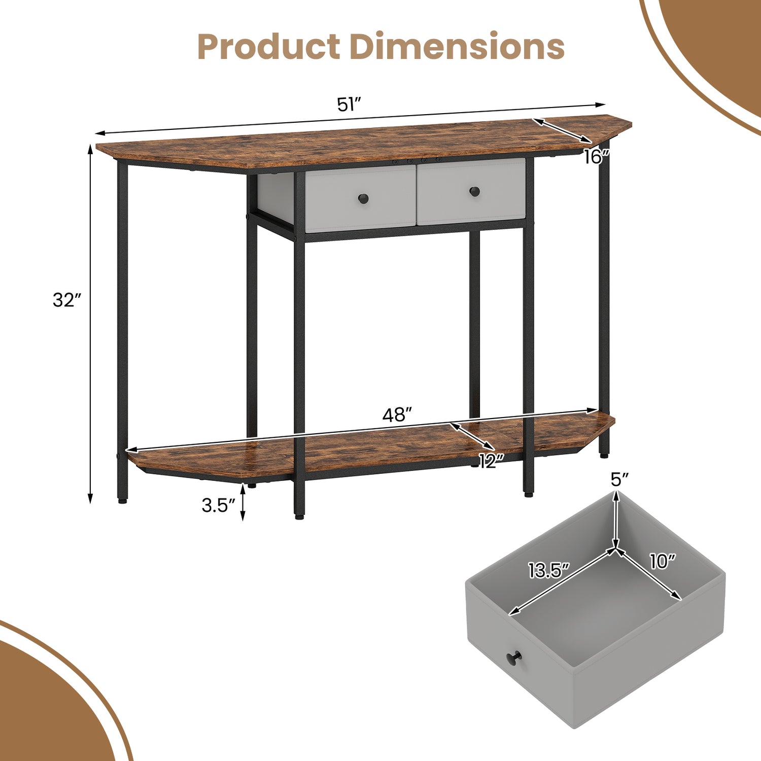 Console Table with 2 Drawers and Open Storage Shelf-Rustic Brown