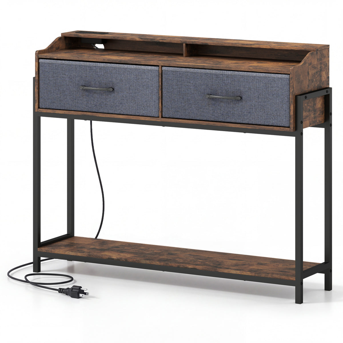 Console Table with Charging Station 110 cm Narrow Entryway Table with 2 Drawers and Shelves