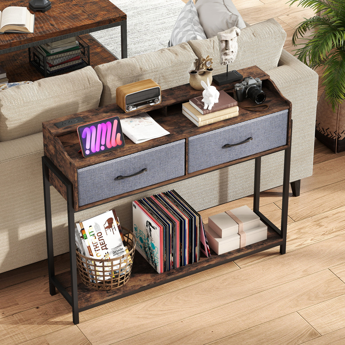 Console Table with Charging Station 110 cm Narrow Entryway Table with 2 Drawers and Shelves