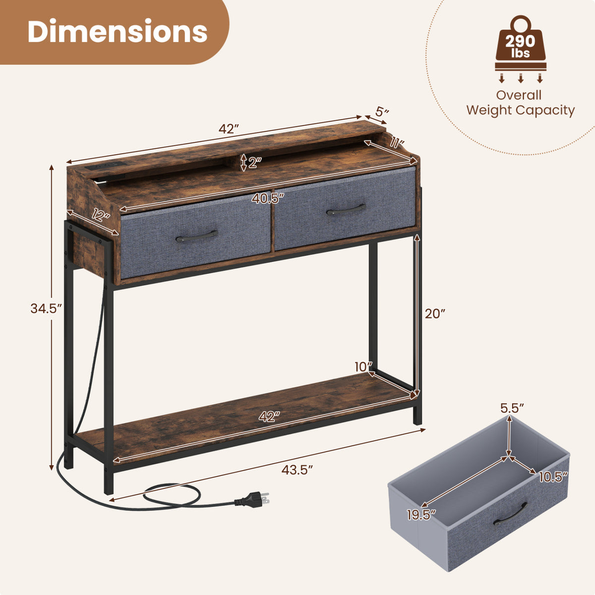 Console Table with Charging Station 110 cm Narrow Entryway Table with 2 Drawers and Shelves