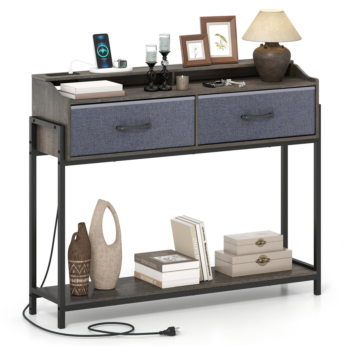 Console Table with Charging Station 110 cm Narrow Entryway Table with 2 Drawers and Shelves