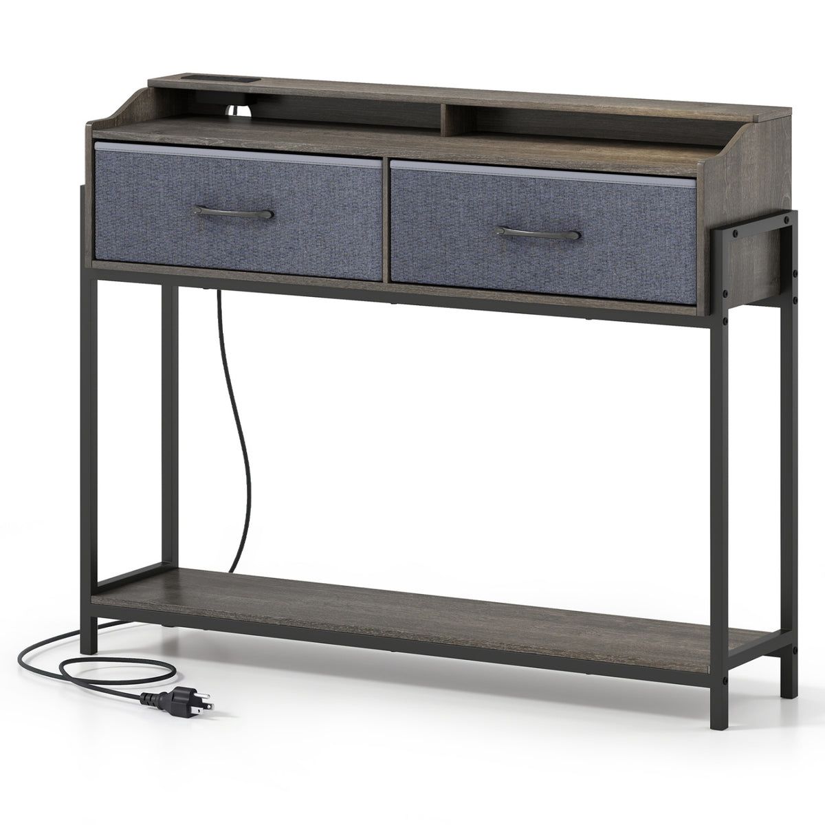 Console Table with Charging Station 110 cm Narrow Entryway Table with 2 Drawers and Shelves