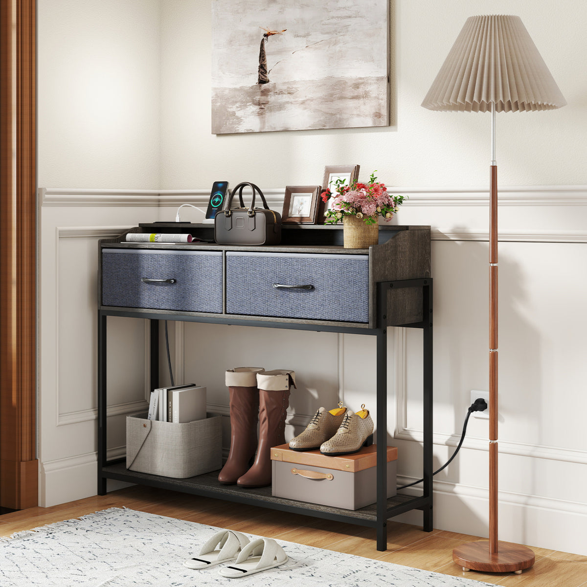 Console Table with Charging Station 110 cm Narrow Entryway Table with 2 Drawers and Shelves