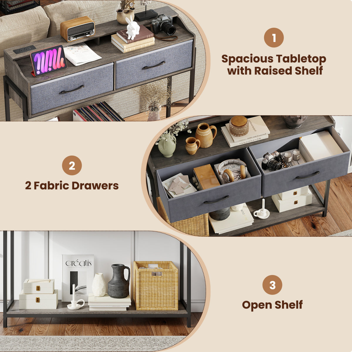 Console Table with Charging Station 110 cm Narrow Entryway Table with 2 Drawers and Shelves