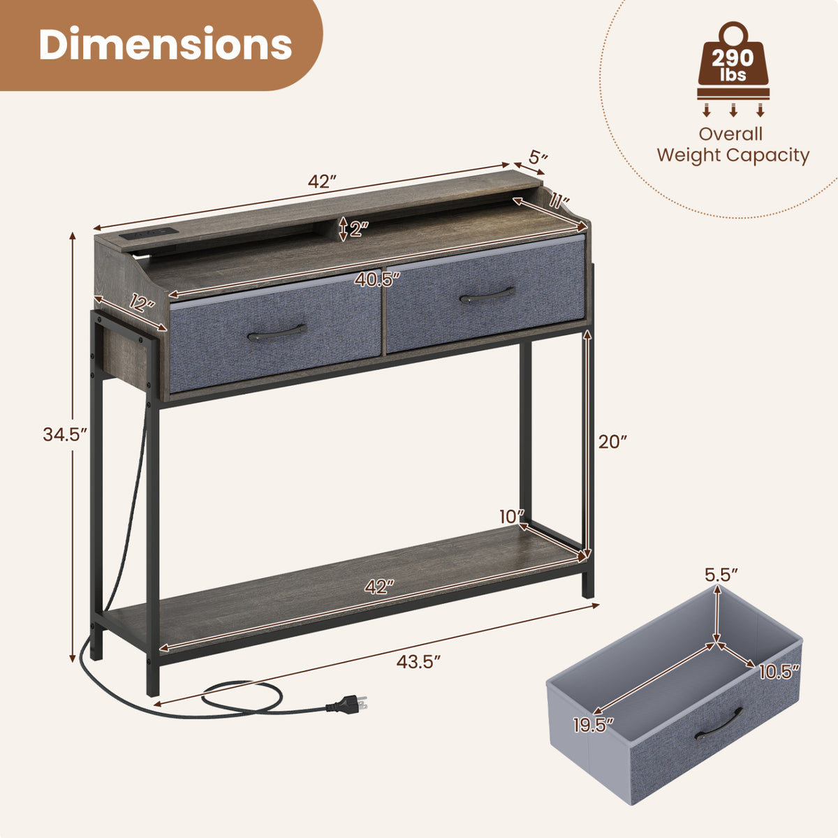 Console Table with Charging Station 110 cm Narrow Entryway Table with 2 Drawers and Shelves