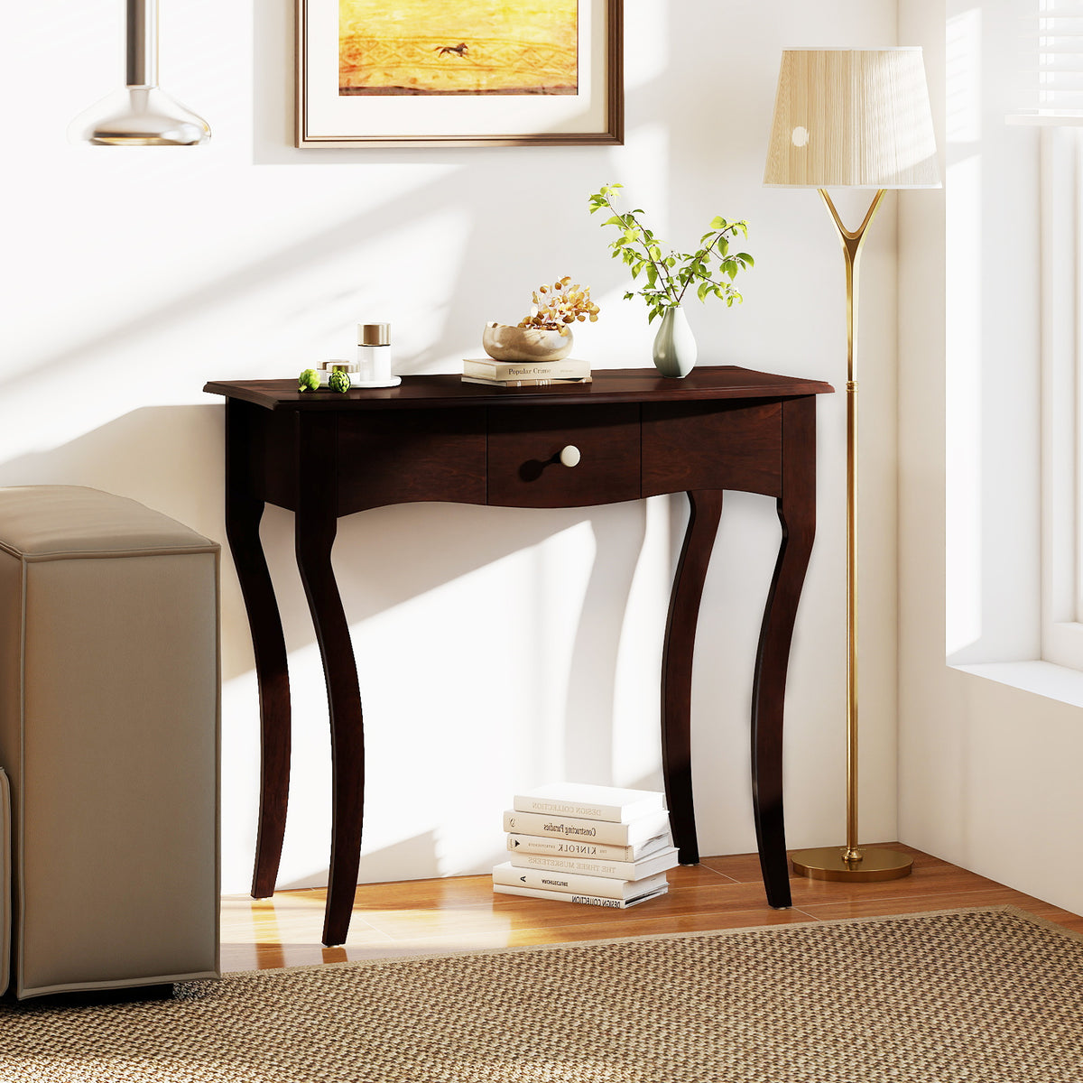 Console Table with Drawer and Solid Wood Frame-Espresso