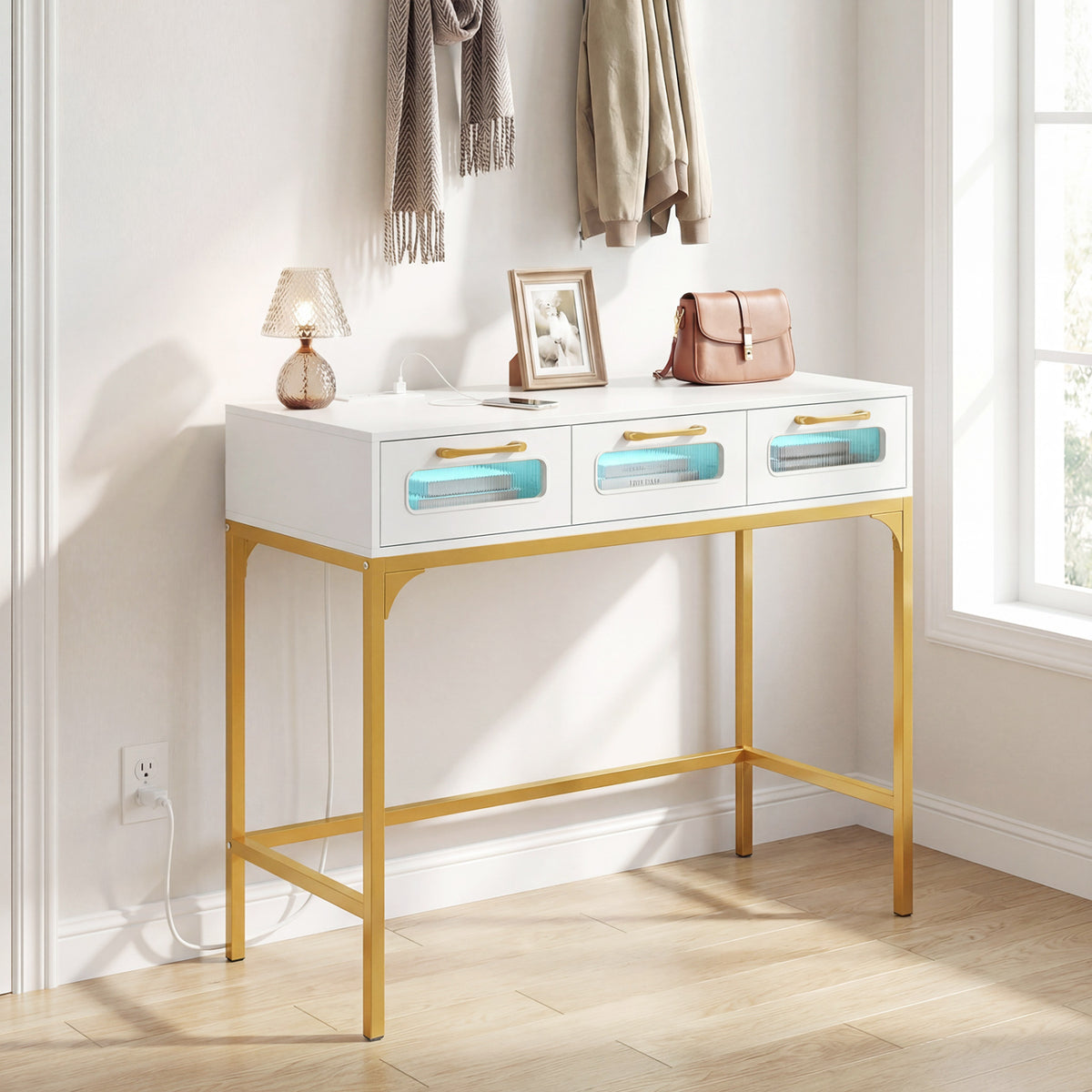 Console Table with LED Lighting and Charging Station for Living Room and Hallway