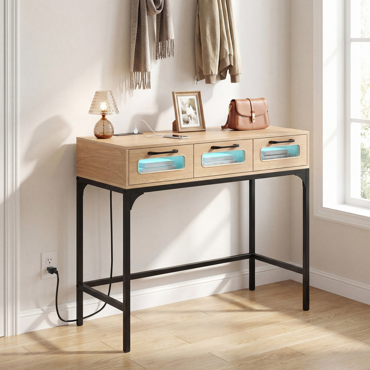 Console Table with LED Lighting and Charging Station for Living Room and Hallway