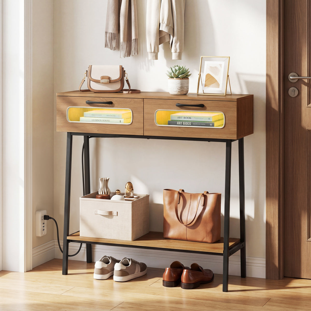Console Table with LED Lights and Open Shelf for Hallway Entrance
