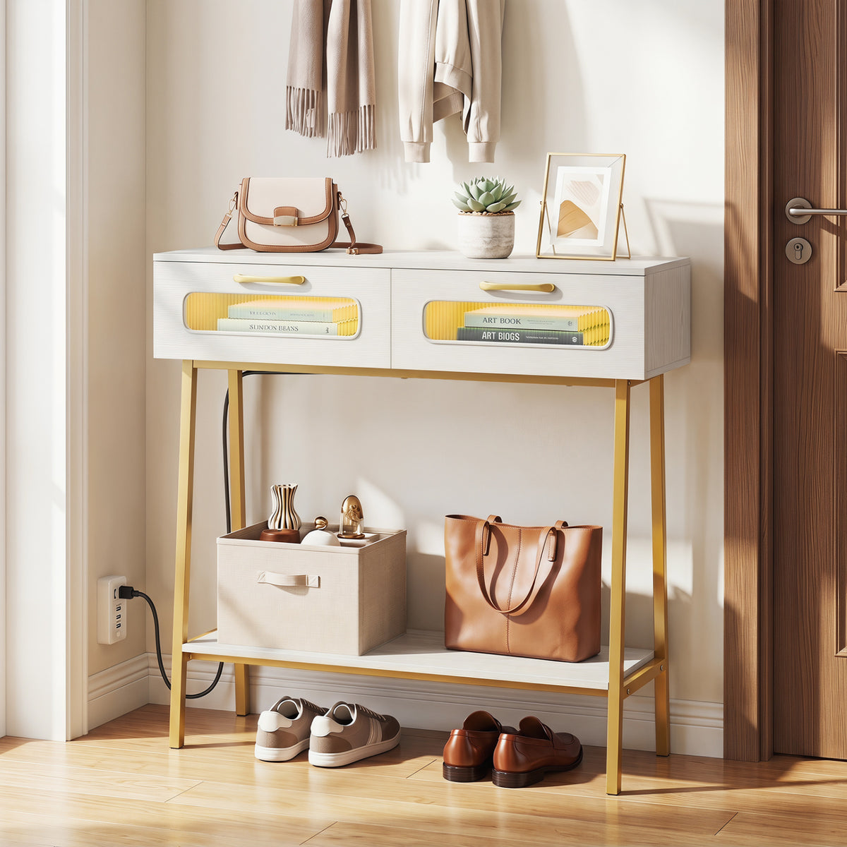 Console Table with LED Lights and Open Shelf for Hallway Entrance