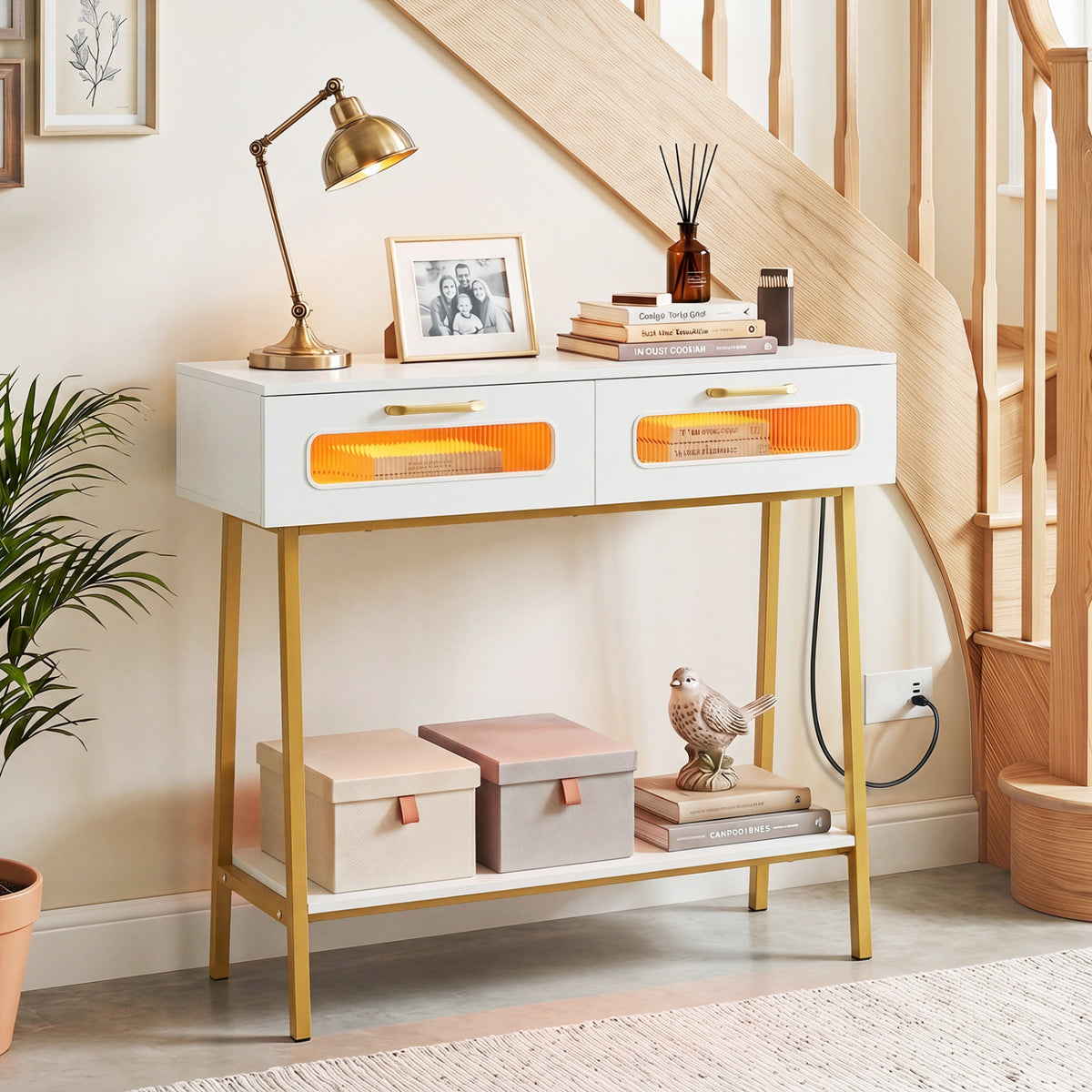 Console Table with LED Lights and Open Shelf for Hallway Entrance