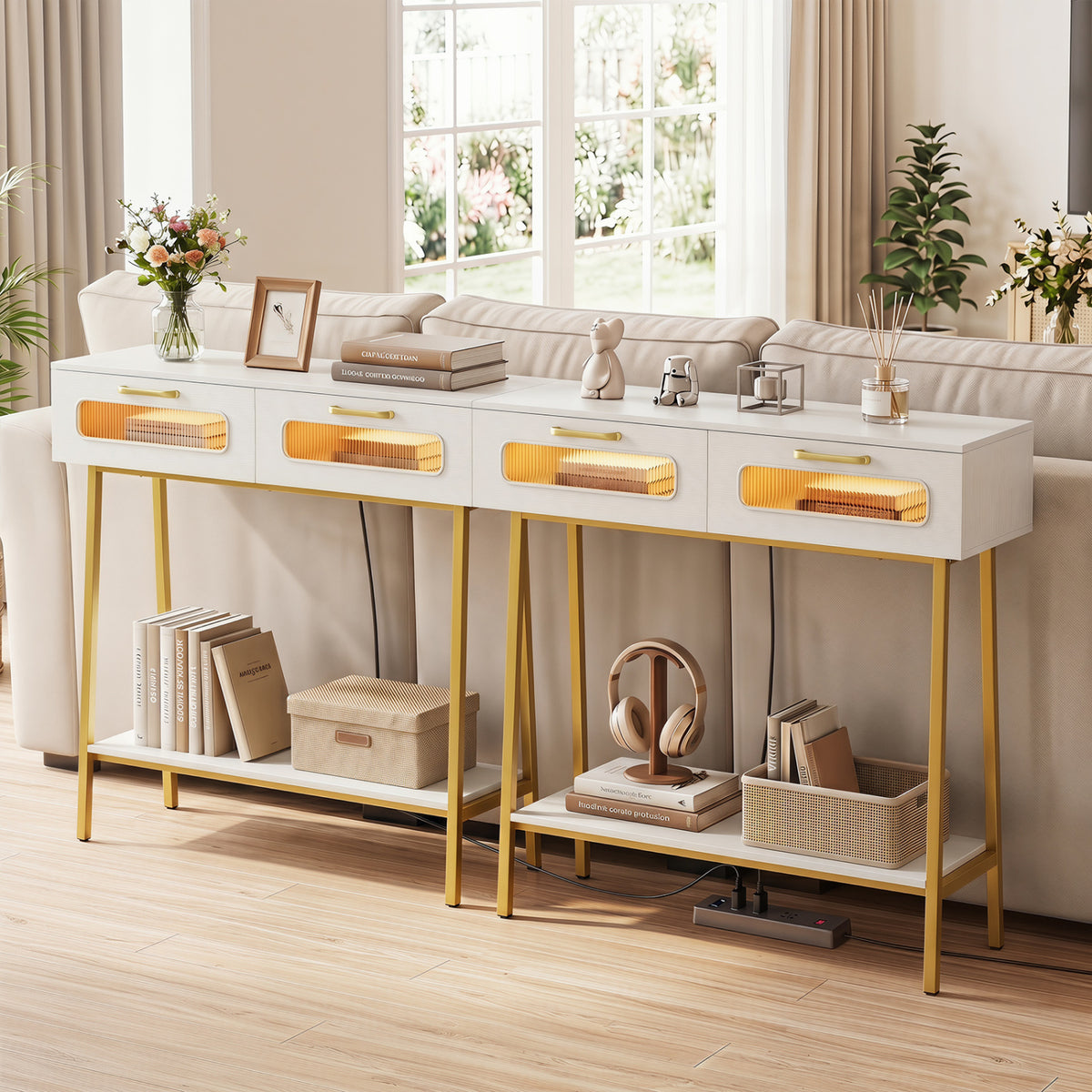 Console Table with LED Lights and Open Shelf for Hallway Entrance