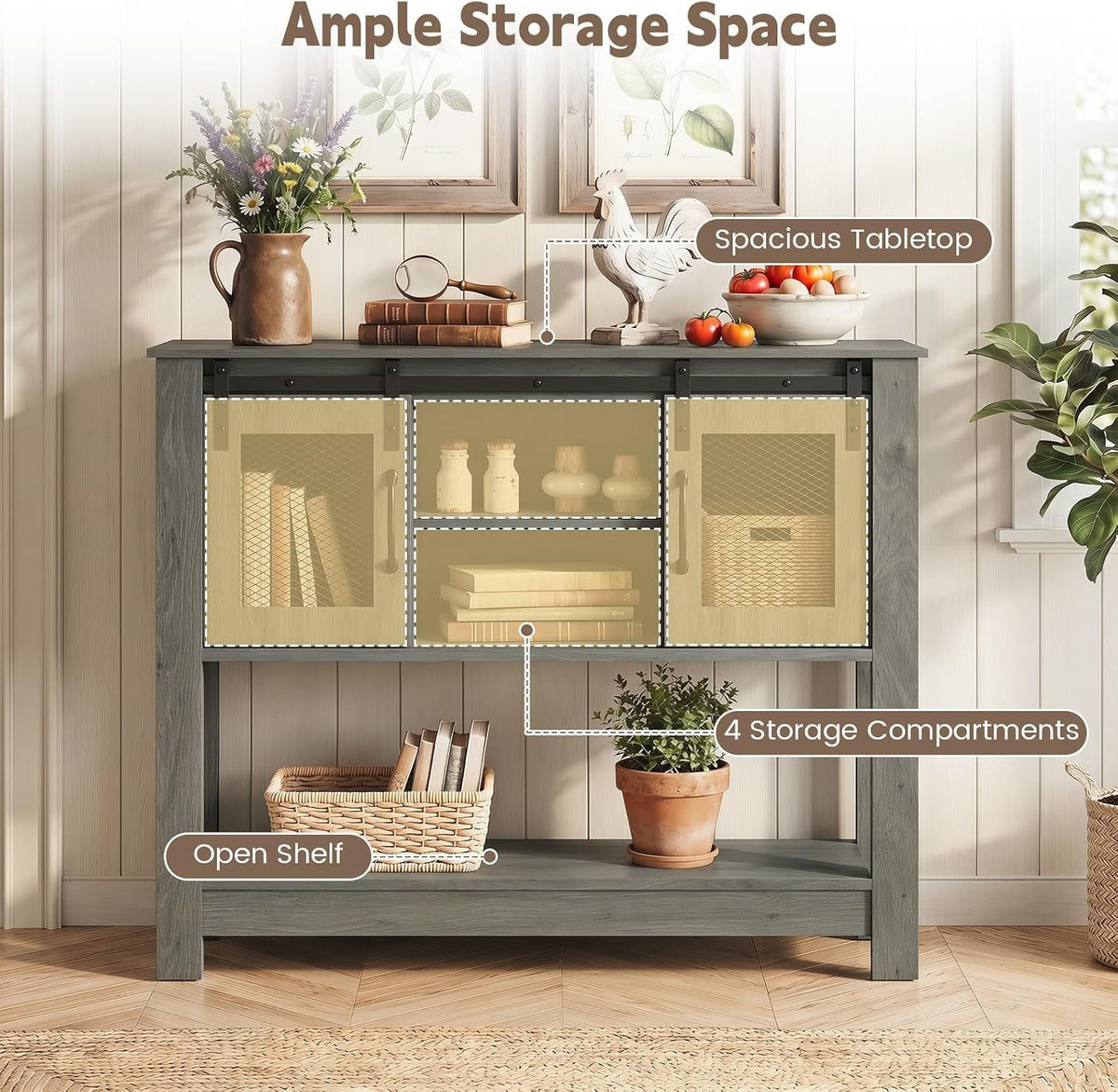 Console Table with Sliding Barn Doors and Storage Cabinets