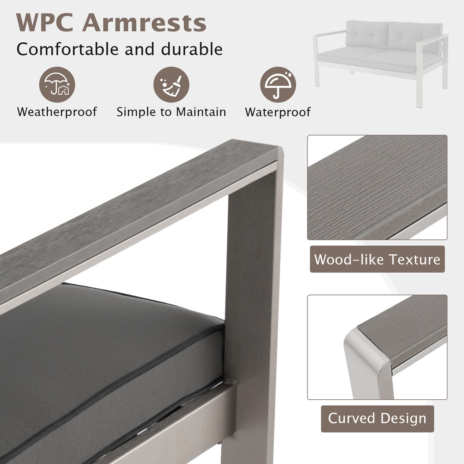 Contemporary 2-Person Sofa Chair with WPC Armrests for Balcony Backyard Porch