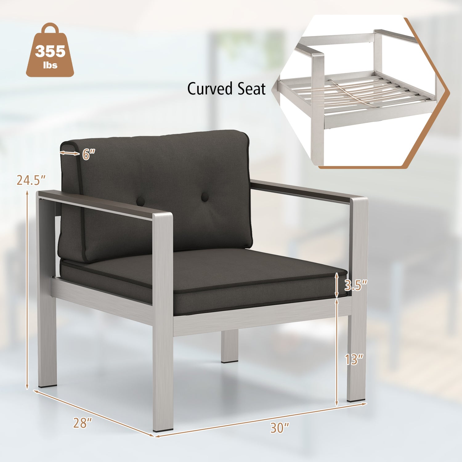 Contemporary Sofa Chair with WPC Armrests and Back Cushions-Gray