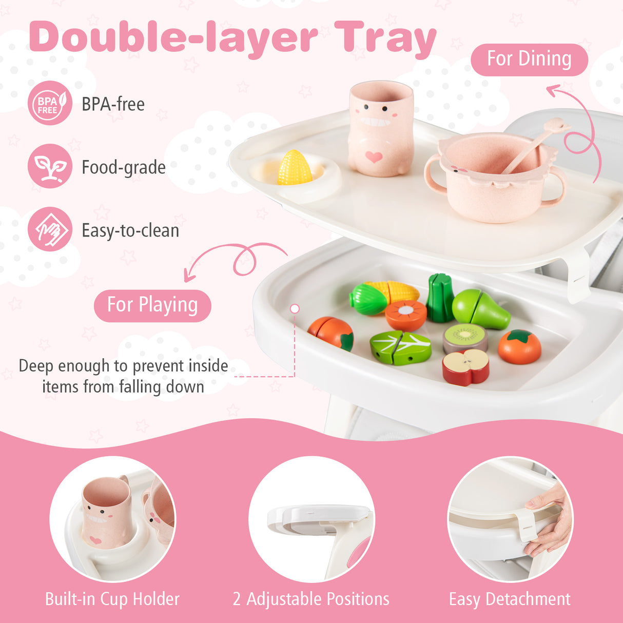 Convertible Baby High Chair with Double-layer Tray and Adjustable Backrest