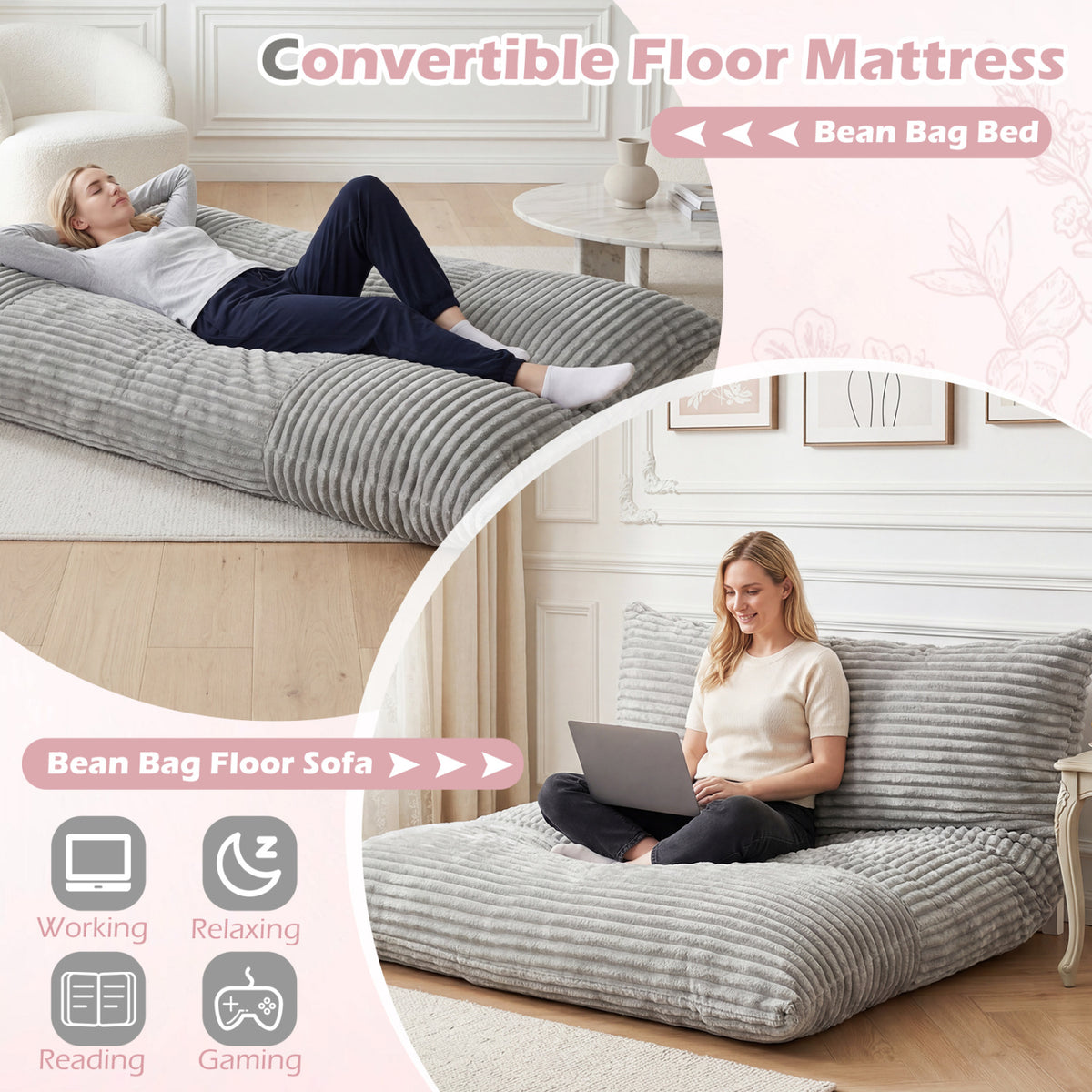 Convertible Bean Bag Floor Sofa with Machine-washable Corduroy Cover