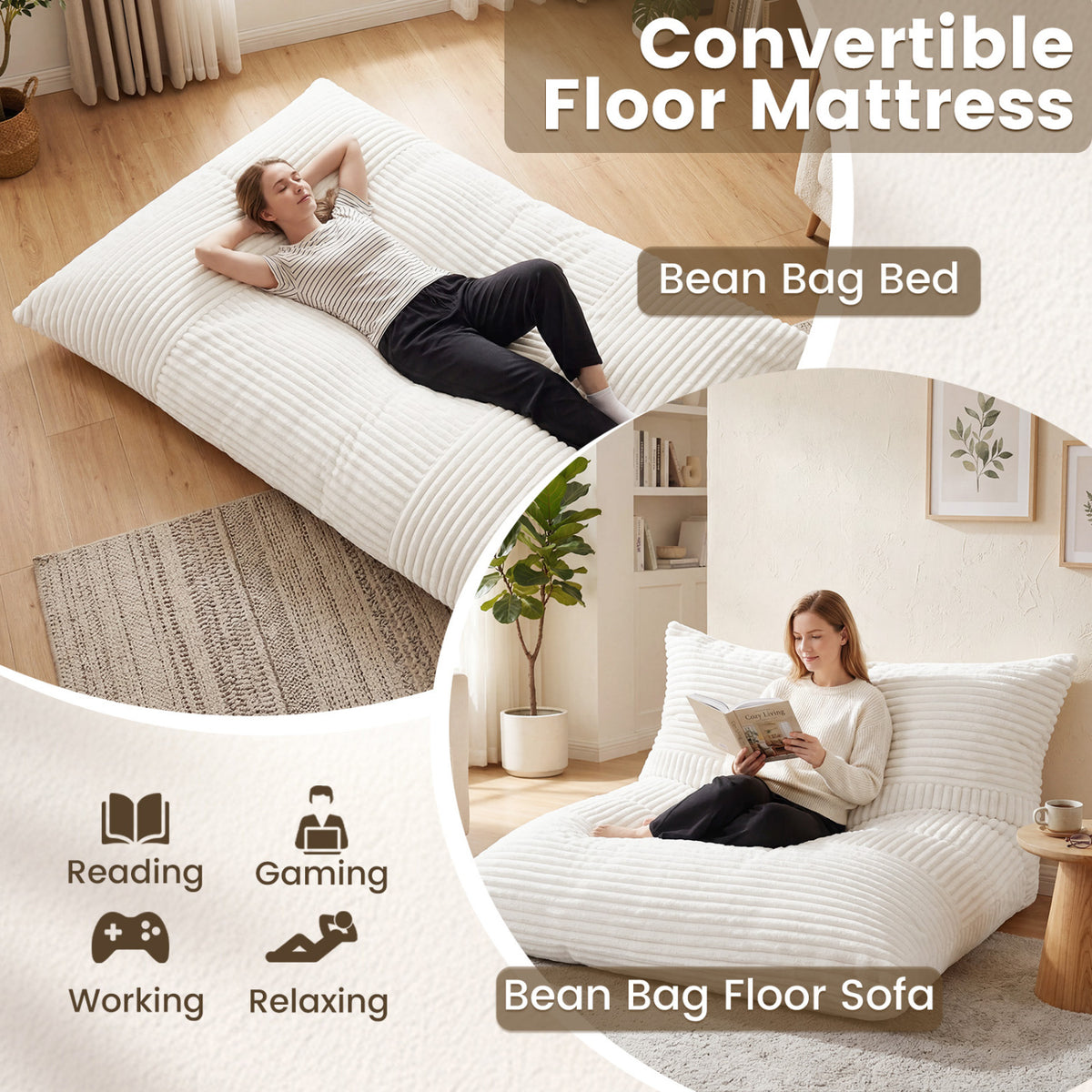 Convertible Bean Bag Floor Sofa with Machine-washable Corduroy Cover